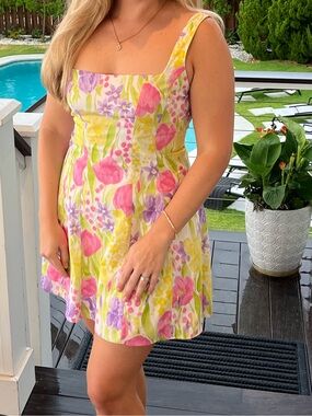 Show Me Your MuMu Yellow Floral Mini Dress with Pink & Purple Accents